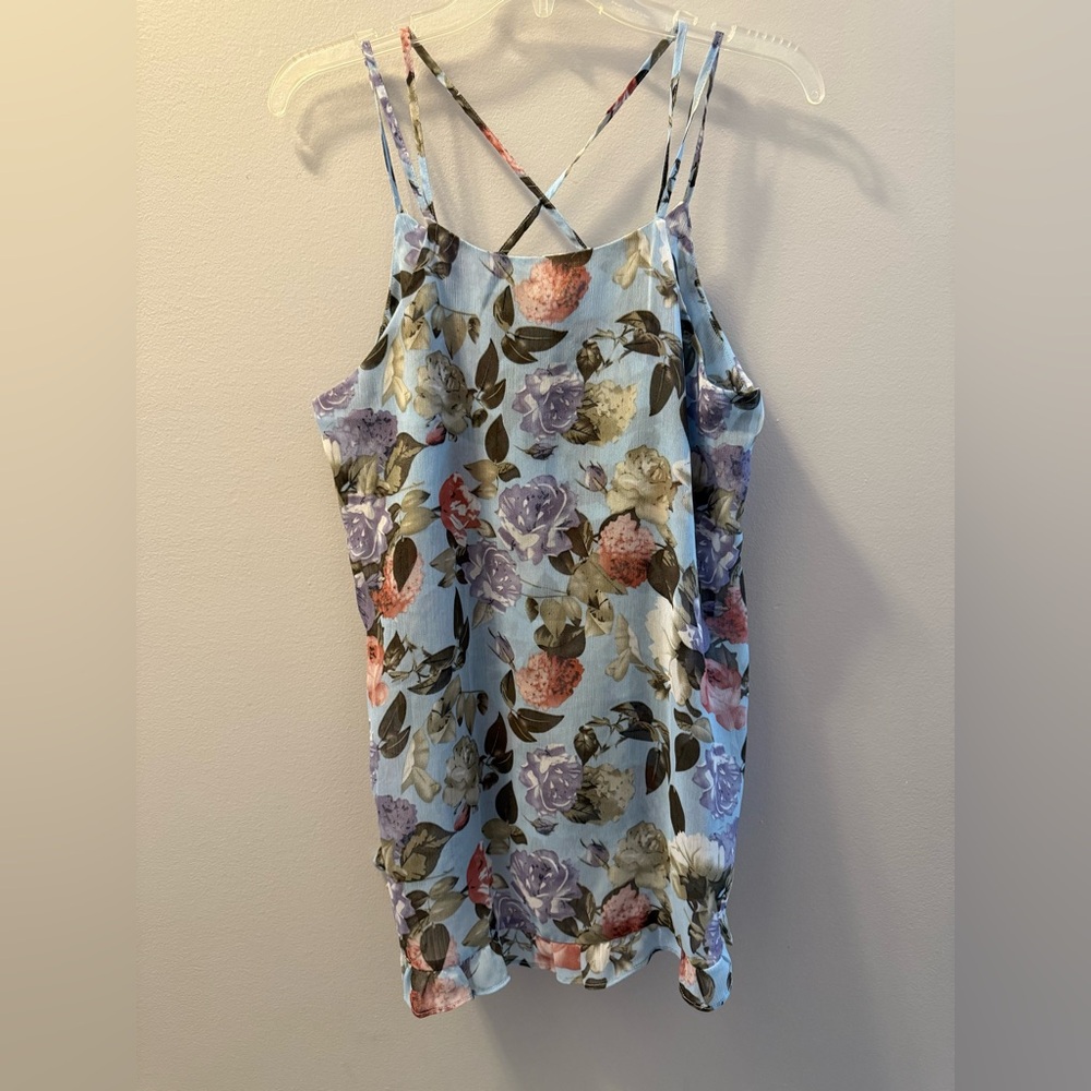 Easel Slvls Sheer Blouse M Blue Purple Floral Ruffled Hem XX Back Spag Straps